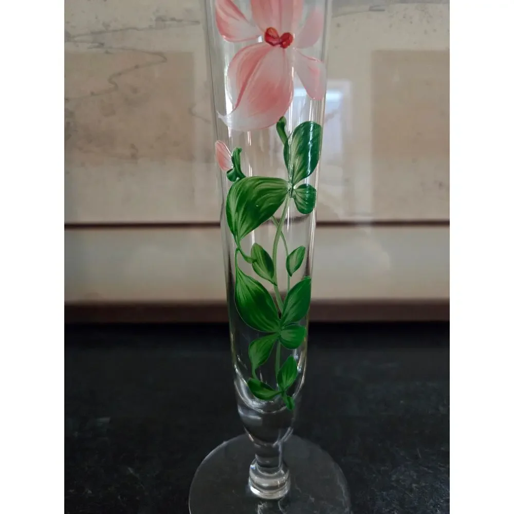 Vintage Bohemian Hand Painted Floral Glass Bud Vase 9.5